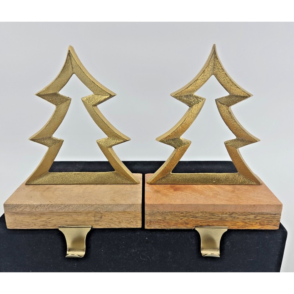 Pair Christmas Tree Stocking Holder Hanger Gold Tone Wood Mantel Shelf Minimal